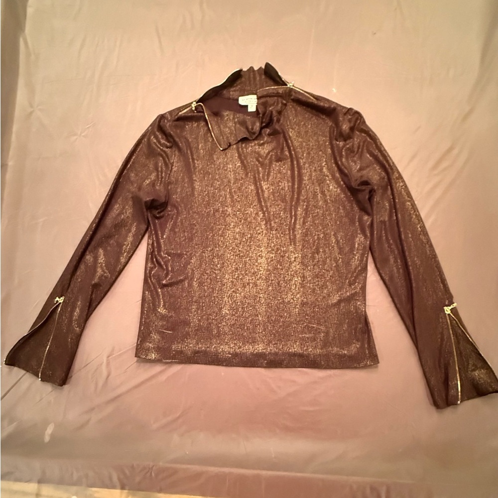 St John Brown/Gold Turtleneck Top w/ Zipper Detail Size Medium MSRP $425 - Picture 11 of 12